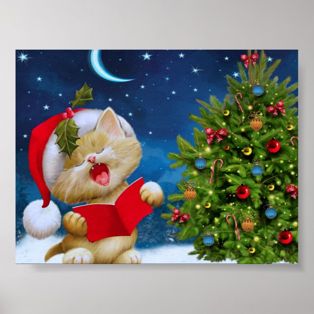 Poster Noël mignonne Carol Kitten Santa Hat Tree Holiday (Devant)
