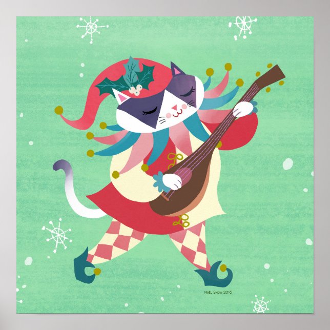 Poster Noël Musique Elfe Chat Art Imprimer (Devant)