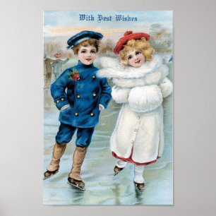 Poster Noël, Patinage sur glace pour enfants