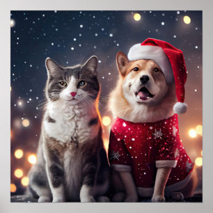 Poster Noël Père Noël Chat & Chien amis