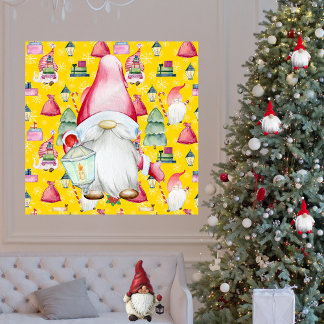 Poster Noël Père Noël Gnome et Motif jaune Arrière - plan