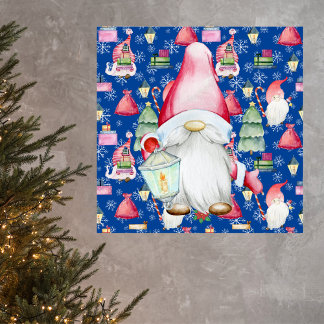 Poster Noël Père Noël Gnome & Motif bleu Arrière - plan