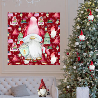 Poster Noël Père Noël Gnome & Motif rouge Arrière - plan
