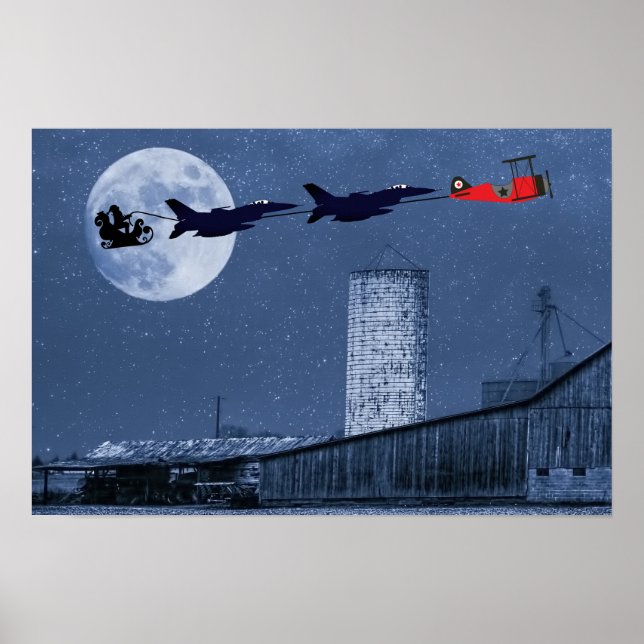 Poster Noël père Noël, Sleigh, F-16 Jets et Red Biplane (Devant)