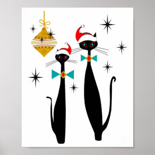 Poster Noël Rétro Chat Cool Moderne du Milieu du Siècle