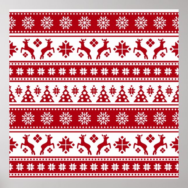 Poster Noël Rouge et blanc Cerfs et Motif des arbres (Devant)