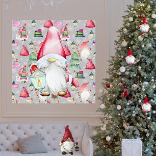 Poster Noël Santa Gnome & Fond à motif argenté