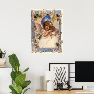 Poster Noël vintage, Ange victorien avec cloches d'or