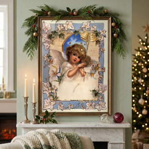 Poster Noël vintage, ange victorien avec cloches dorées