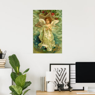 Poster Noël vintage, Ange victorien avec étoiles d'or