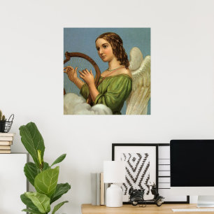 Poster Noël vintage, Ange victorien avec Harpe musicale