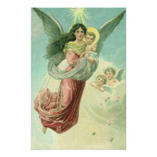 Poster Noël vintage, ange victorien avec l'enfant Jésus