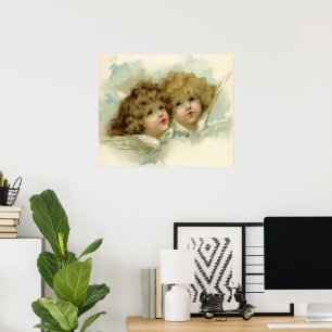 Poster Noël vintage, Anges victoriens dans les nuages