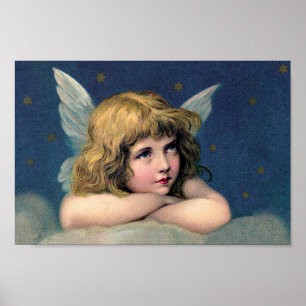 Poster Noël vintage, Bel Ange avec des Étoiles Dorées