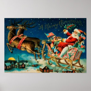 Poster Noël vintage du Père Noël Sleigh