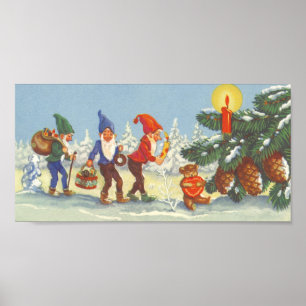Poster Noël vintage, elfes dans la forêt de neige hiver