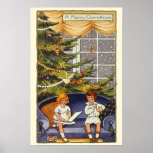 Poster Noël vintage, Enfants assis sur un canapé