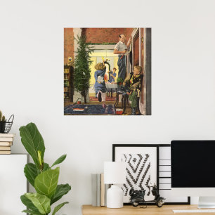 Poster Noël vintage, famille décorant la maison