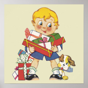 Poster Noël Vintage, Garçon avec Cadeaux et Chiot