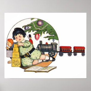 Poster Noël vintage, garçon heureux jouant avec des jouet