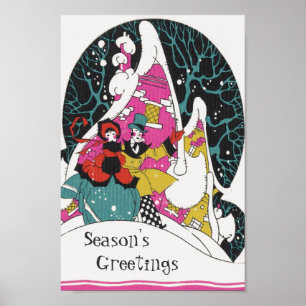 Poster Noël vintage, gens de la ville victorienne élégant