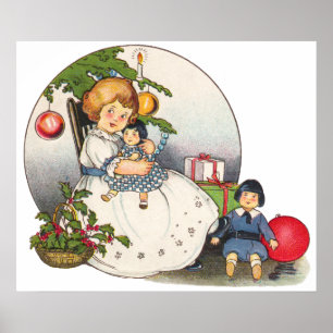 Poster Noël vintage, Joyeuse fille jouant avec des poupée
