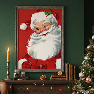 Poster Noël vintage, joyeux Père Noël clignant de l'œil