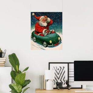 Poster Noël vintage, le Père Noël dans une voiture mignon