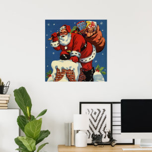 Poster Noël vintage, le Père Noël descend par la cheminée