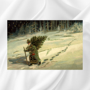 Poster Noël vintage, le Père Noël porte un arbre