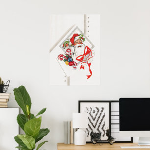 Poster Noël vintage, Père Noël avec cannes de bonbon