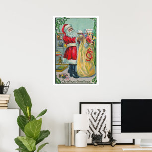 Poster Noël vintage, Père Noël victorien avec des jouets
