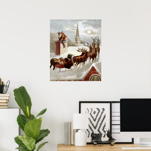Poster Noël vintage, Saint Nicolas sur le toit