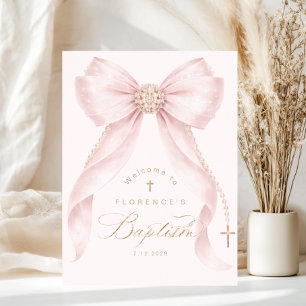 Poster Nœud rose poudré Perles Fille Baptême Bienvenue