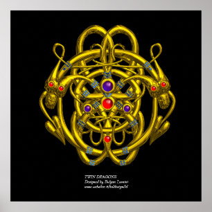 POSTER NOEUDS CELTIQUES D'OR AVEC DRAGONS DOUCES