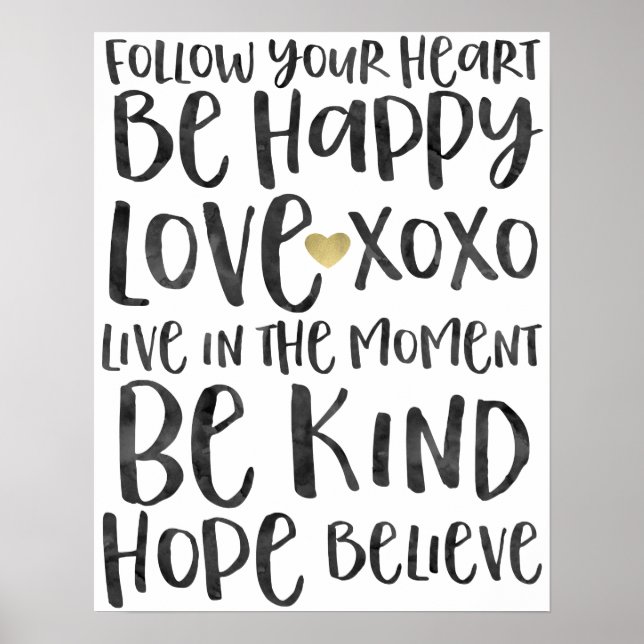 Poster Noir Aquarelle Mots Inspirationnels Gold Heart (Devant)