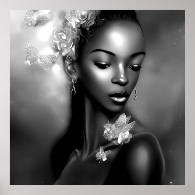 Poster Noir Blanc Africain fille monochrome Papillon 2 (Devant)
