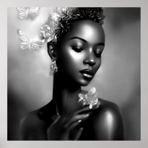 Poster Noir Blanc Africain fille papillon monochrome