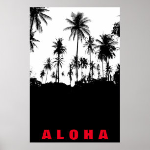 Poster Noir Blanc Aloha Hawaï Palmiers Tropiques Voyage