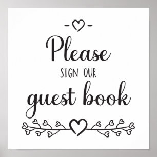 Poster Noir Blanc Calligraphie Coeurs Mariage Livre d'inv