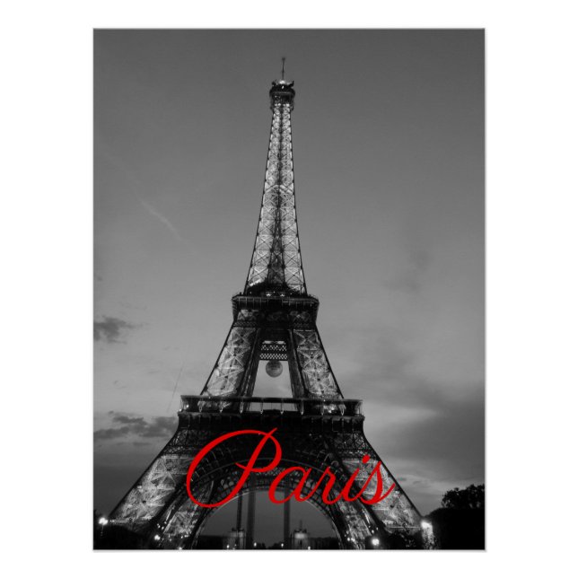Poster Noir Blanc Paris Nuit Tour Eiffel européenne (Devant)