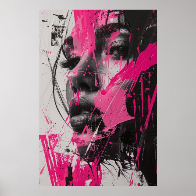 Poster noir blanc rose Abstrait peinture de femme (Devant)