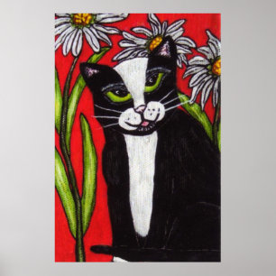 Poster Noir Blanc Tuxedo Chat Blanc Daisis Rouge
