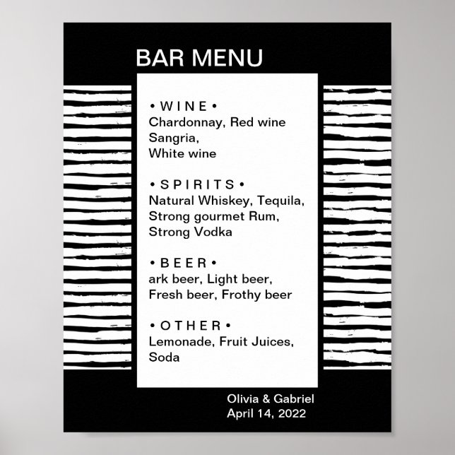 Poster Noir élégant rayé fantaisie. Menu de bar de mariag (Devant)