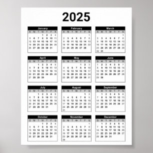 Poster Noir et blanc 2025 Année à un coup d'oeil Calendri