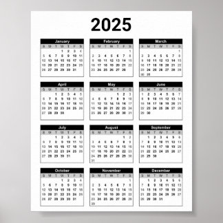 Poster Noir et blanc 2025 Année à un coup d'oeil Calendri