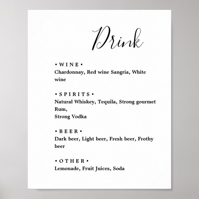 Poster Noir et blanc. Élégant menu de bar de mariage mini (Devant)