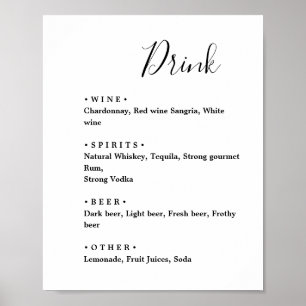 Poster Noir et blanc. Menu de bar de mariage minimaliste 