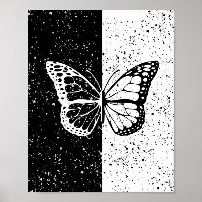 Poster Noir et Blanc Nuit de Jour Élégant Papillon Joli (Devant)