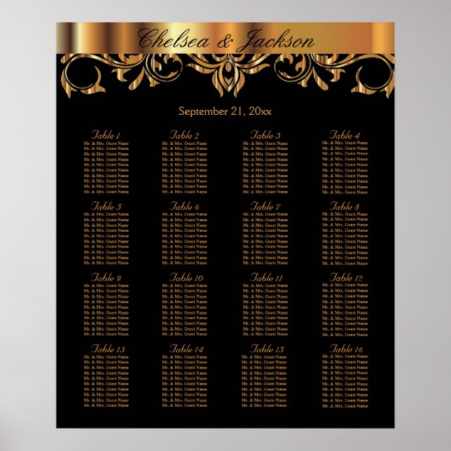 Poster Noir et Or - 16 Cartes de sièges (Devant)